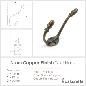 Oakcrafts - Hat & Coat Hook Acorn Design 115mm Antique Cast Iron in Copper Finish - Pack of 5 Hooks