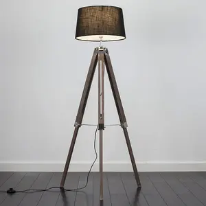 ValueLights Clipper Wood and Silver Chrome Tripod Floor Lamp with Black Tapered Shade - Complete with 6w LED GLS Bulb