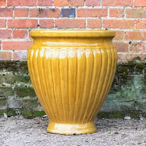 Primrose Rib Textured Glazed Terracotta Round Planter In Gloss Yellow 65cm