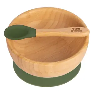 Tiny Dining Bamboo Suction Bowl & Spoon Set - Olive Green