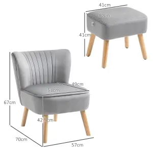 HOMCOM Velvet-Feel Accent Chair w/ Ottoman Tub Seat Padding Wood Legs Light Grey