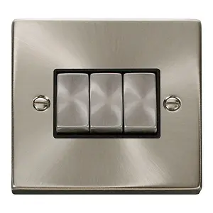 Satin / Brushed Chrome 10A 3 Gang 2 Way Ingot Light Switch - Black Trim - SE Home