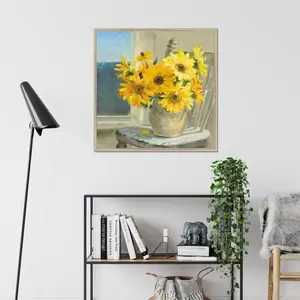 Sunflowers By The Sea Crop Light by Danhui Nai - Painting Natural Wood Framed Paper Print / 122cm H x 122cm W