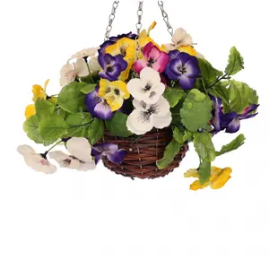 Oypla Artificial Garden Hanging Wicker Basket with Multicoloured Pansy Flowers