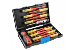 Hogert 13pc Insulated 1000 V Screwdriver Set with Interchangeable Handle with Voltage Tester for Detecting Voltage in Sockets - Re