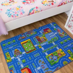 Kids Blue Interactive Roads Play Mat Soft Bedroom Rug 100x165cm