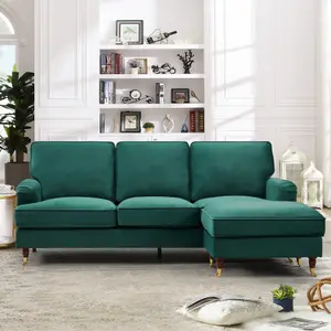 Woodbury 218cm Reversible Green Velvet Fabric Corner Sofa Walnut Colour Legs with Brass Coloured Wheel