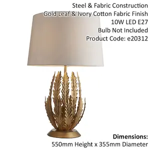 Ornate Gold Table Lamp Light & Ivory Cotton Fabric Shade Decorative Leaf Design