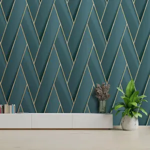 Debona Armando Herringbone lattice Geometric Motif Geo Metallic Vinyl Wallpaper Green Gold 2122