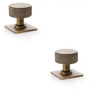 2 PACK - Round Knurled Door Knob - 35mm Diameter Antique Brass Radio Cupboard Pull Handle