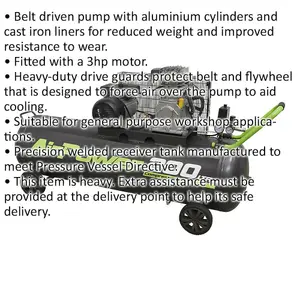 200 Litre Mobile Belt Drive Air Compressor with 3hp Motor and Quick Release Coupling for Workshops