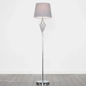 ValueLights Jaspa Chrome Metal Wire Geometric Diamond Design Floor Lamp with Grey Tapered Shade with 6w LED GLS Bulb In Warm White