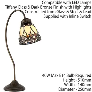 Tiffany Glass Table Lamp Light Dark Bronze Curved Arm / Neck & Shade i00180