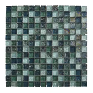 Bressia Blue & green Gloss Glass effect Glass Mosaic tile, (L)306mm (W)306mm