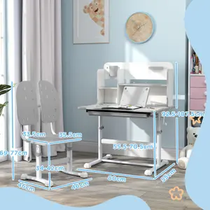 AIYAPLAY Kids Desk and Chair Set w/ Tiltable Desktop Reading Rack - Grey