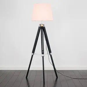 ValueLights Clipper Black Wood and Silver Chrome Tripod Floor Lamp with Pink Light Shade Complete with 6w LED GLS Bulb