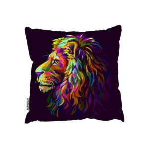 Abstract, Multicolored Profile Portrait Of A Lion'S Head On A Purple Background In Popart Style (Outdoor Cushion) / 60cm x 60cm