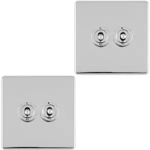 2 PACK 2 Gang Double Retro Toggle Light Switch SCREWLESS CHROME 10A 2 Way Plate