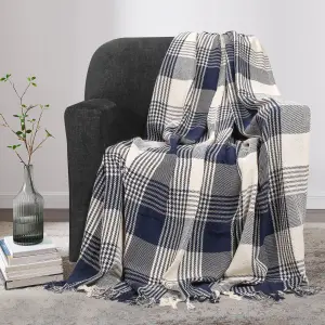 EHC Premium Reversible 100% Cotton Large 150 x 200 cm Tartan Throws for Sofa, Armchair Bedspread, Navy Blue