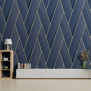 Debona Armando Herringbone lattice Geometric Motif Geo Metallic Vinyl Wallpaper Navy Blue Gold 2121