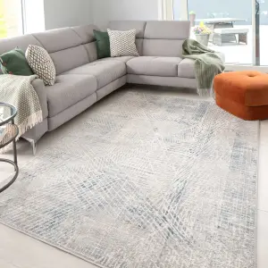 Silver Blue Distressed Abstract Geometric Area Rug 60x110cm