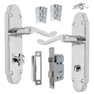 Epsom Door Handle Bathroom Lock Scroll Lever - Polished Chrome Pack Hinges