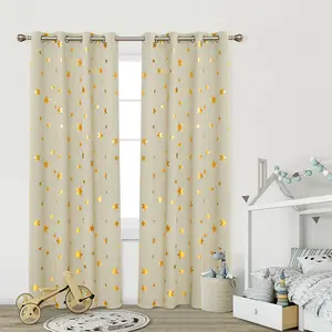 Deconovo Blackout Curtains 84 Inch Drop, Eyelet Gold Star Foil Printed Curtains for Bedroom, 52 x 84 Inch, Beige, 2 Panels