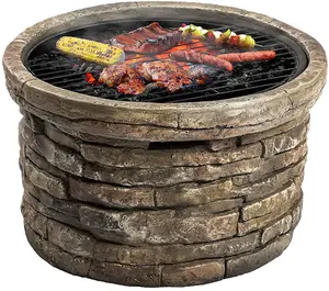 Centurion Supports Fireology SAMUI Khaki Majestic Garden Fire Pit Brazier and Barbecue with Eco-Stone Finish