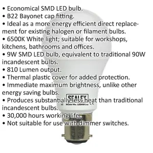 9W B22 SMD LED Light Bulb - Bayonet Cap Fitting - 6500k White Light - 810 Lumens