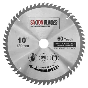 Saxton TCT25060T TCT Circular Saw Blade 250mm x 60T x 30mm Bore + 16, 20 and 25mm Reduction Rings