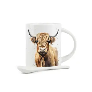 Highland Cow Mug & Spoon Set - Ceramic Tea Coffee Hot Chocolate Gift/Present