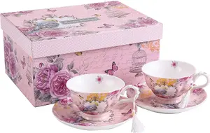 London Boutique Coffee Tea cup and Saucer set 2 Vintage Retro Rose porcelain set Gift Box (Vintage Summer)