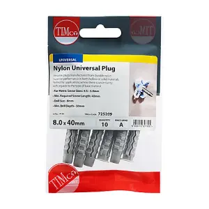 Timco - Nylon Universal Plugs (Size 8.0 x 40 - 100 Pieces)