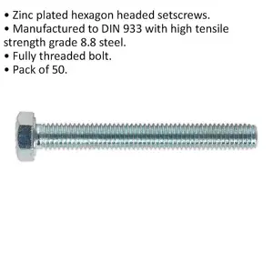 50 Pack M5 x 40mm HT Setscrews - Grade 8.8 Zinc Coated Fully Threaded DIN 933