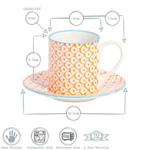 Nicola Spring - Hand-Printed Espresso Cup & Saucer Set - 65ml - 3 Colours - 12pc