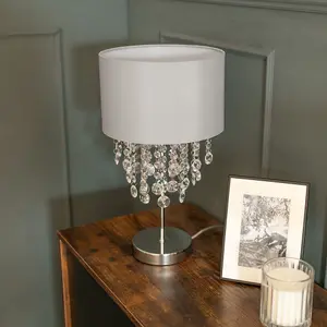 ValueLights Lulu Grey Fabric Table Lamp with Acrylic Jewel Droplet Drum Shade Bedside Lamp