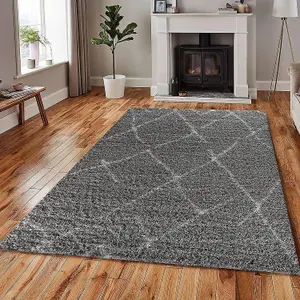 Modern Grey-540 Geometric Marrakesh Shaggy Area Rug, Hallway Carpet Runner - 120x170 cm