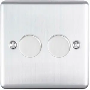 2 Gang 400W 2 Way Rotary Dimmer Switch SATIN STEEL Light Dimming Wall Plate