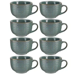 Set of 8 Dark Blue Large Stoneware Cups Coffee Mugs