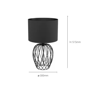 EGLO Nimlet Black Metal & Fabric Table Lamp - Contemporary Wire Design (D) 30cm