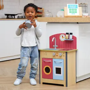 Teamson Kids Little Chef Porto Classic Interactive Wooden Play Kitchen, Wood/Red