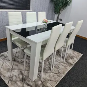 Dining set of 6 Kitchen Dining Table and 6 Chairs White and Black Wood Dining Table with 6 white metal Chairs Kosy Koala