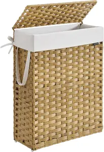 SONGMICS Slim Laundry Basket, Synthetic Rattan Storage Basket with Lid and Handles, Wicker, Goose Yellow