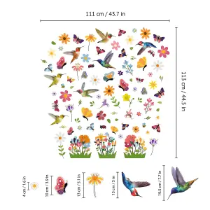 Huge Hummingbirds with Butterflies In The Meadow Of Flowers Spring Window Clings