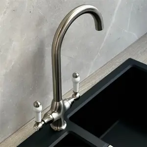 Liquida W22BN Traditional Twin Lever Swivel Brushed Nickel Kitchen Mixer Tap