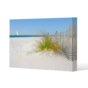 dune fence by sea grass with sailboat on horizon (Canvas Print) / 114 x 77 x 4cm