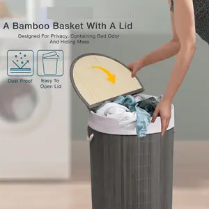 MantraRaj 50L Folding Bamboo Laundry Basket Bin Hamper Basket Clothes Storage Organizer With Lid And Removable Washable Bag (Grey)