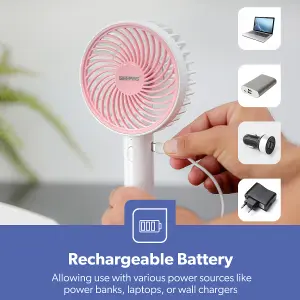 GEEPAS Hand Held Fan, Portable & Foldable, Type C Rechargeable with 3 Speeds, Battery Operated , Pink