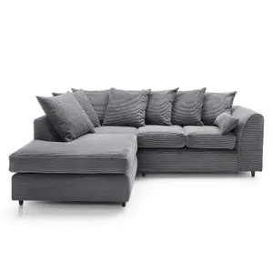 Jumbo Grey Cord Left Facing Corner Sofa for Living Room with Thick Luxury Deep Filled Cushioning