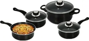 New 7pc Black Cookware Set Steel Non Stick Glass Lid Kitchen Pan Pot Saucepan Carbon